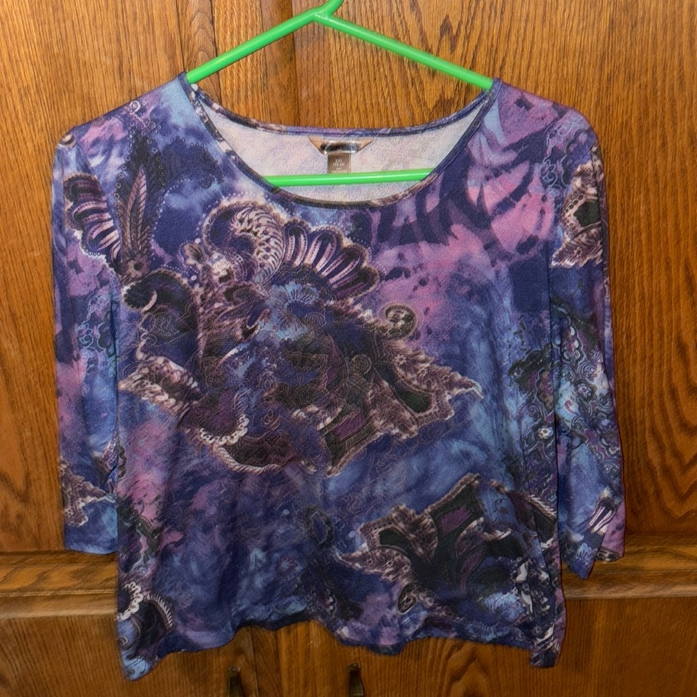 Purple blue and pink print shirt